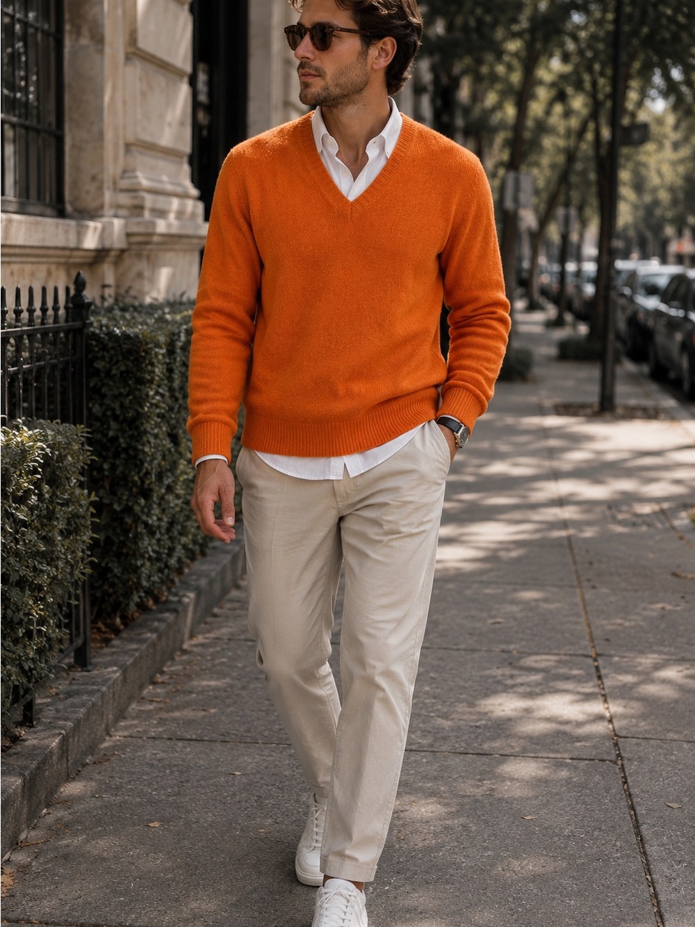 Men's Orange Cashmere VNeck Sweater Harley of Scotland Made in Scotland Pullover